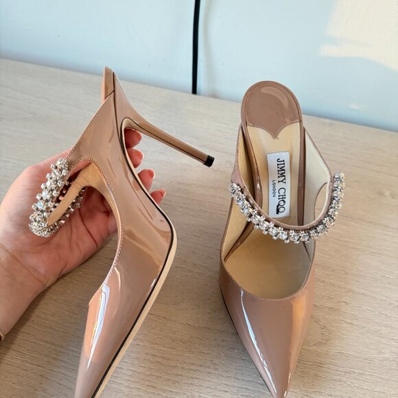 Jimmy Choo Bing 100 Mules Nude Patent Leather Crystal Embellished Pointed Toe - Picture 6 of 11